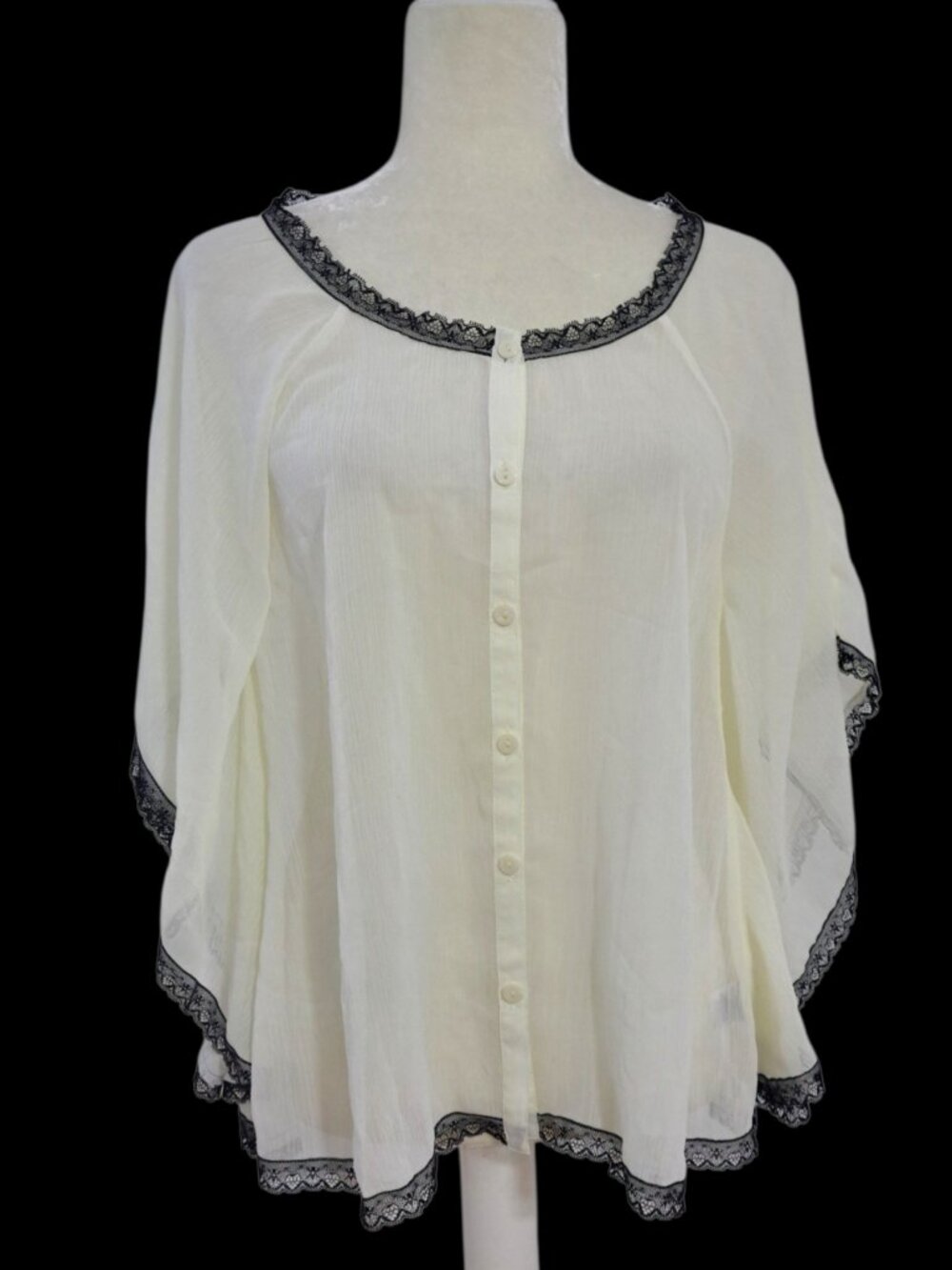 Allen B. Women's Sheer Batwing Lace Trim Button Blouse Top Sz Small